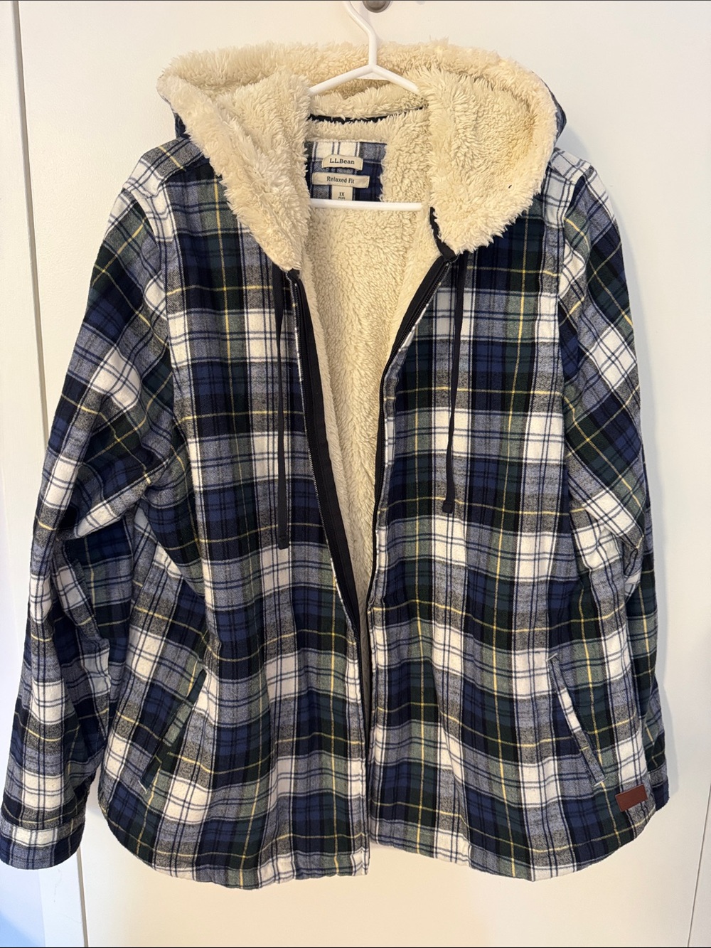 L.L. Bean Women’s Hooded Plaid Jacket in Blue, White & Green